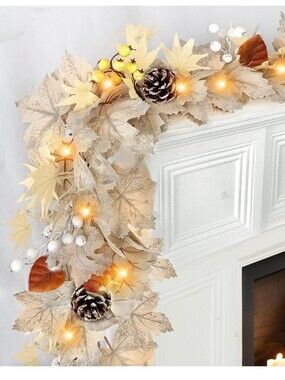 Neutral Beige Cream Maple Leaf Garland with Warm LED Lights. 6ft. NWT.